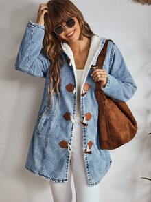 EMERY ROSE 女士秋冬长袖连帽牛仔外套，纽扣闭合，加厚牛仔面料，带保暖内衬 - 藍色 - 查看 4