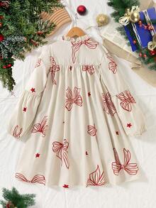 少女休闲可爱圣诞蝴蝶结连衣裙，适合家庭聚会 - 彩色 - 查看 2