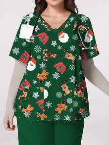 PopScrub Plus Size Women's V-Neck Short Sleeve Scrub Top With Pockets, Ear Loop, And Side Slit, Christmas Element Pattern - Multicolor - View 4