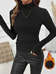 SHEIN Clasi 女式秋冬高领收腰羊毛T恤 - 黑色 - 查看 9