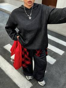 Muchica Plus Size Women Black Dropped Shoulder Long Sleeve Hoodie And Wide Leg Pants Casual Loose 2 Pieces Set/Winter - Black - View 4