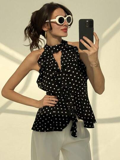 Aloruh 女士冬季复古波点波西米亚风荷叶边修身上衣，圣诞新年外出必备