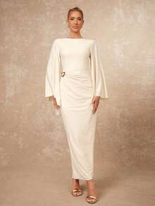 Lumalex Đầm ôm sát cơ thể không đối xứng tay áo rộng, cổ thuyền, trang trí kim loại nhún bèo dành cho nữ - Màu be - Xem 2