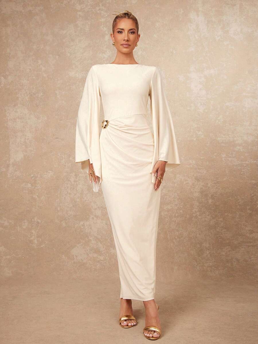 Lumalex Đầm ôm sát cơ thể không đối xứng tay áo rộng, cổ thuyền, trang trí kim loại nhún bèo dành cho nữ