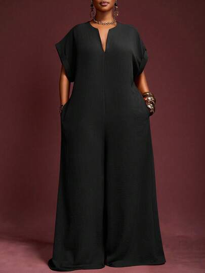 Veslaya 2025 Ny Elegant Vintage Chokladfärgad V-ringad Kortärmad Jumpsuit med Vida Ben, Plus Size Dam, Sommar