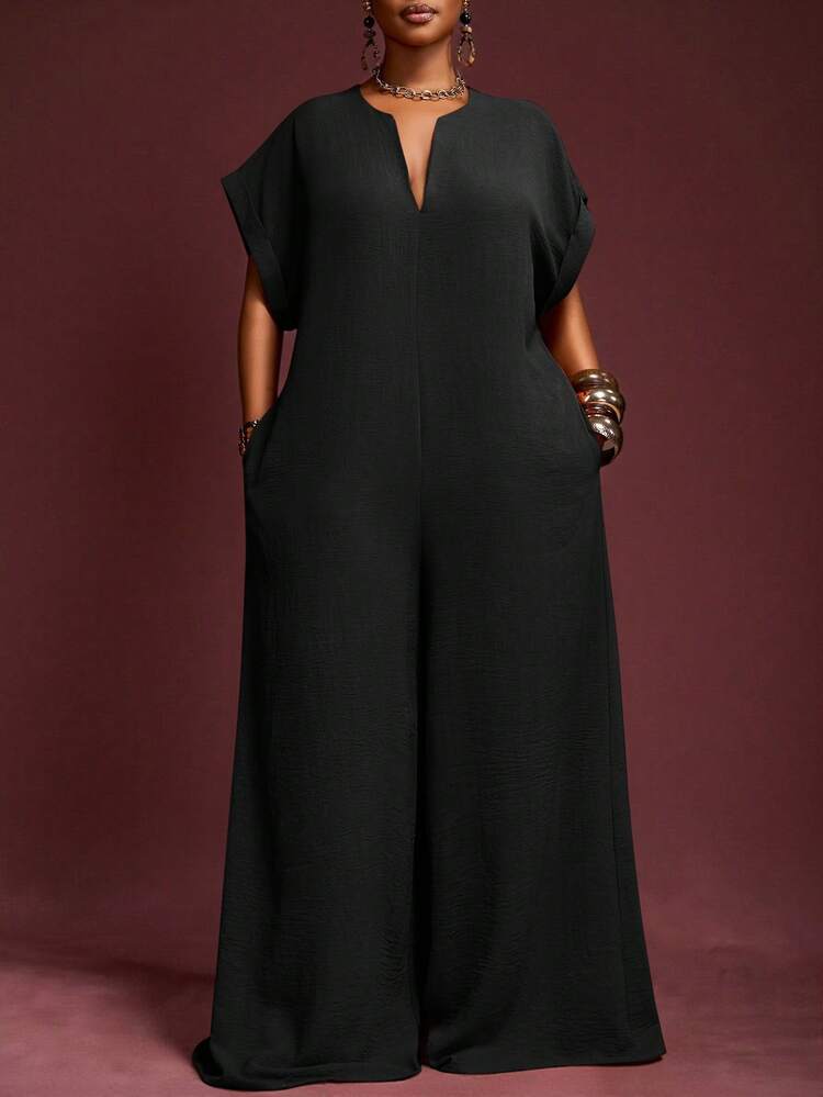 Veslaya 2025 New Vintage Elegant Chocolate V-Neck Short Sleeve Wide Leg Jumpsuit, Plus Size Women, Summer - Black - View 1