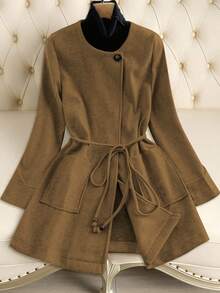 Franclia Women's Casual Minimalist Patchwork Pocket Belted Jacket, Autumn/Winter - Camel - View 3