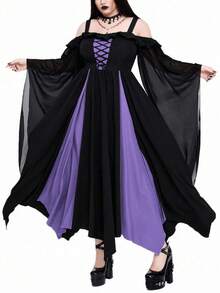 Whyspr Váy dài thắt eo họa tiết chắp vá màu tương phản phong cách Gothic cỡ lớn dành cho nữ - Màu tím hoa cà - Xem 6