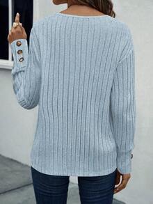 SHEIN LUNE 女士休闲纯色长袖T恤，适合秋季穿着 - 淺藍色 - 查看 2