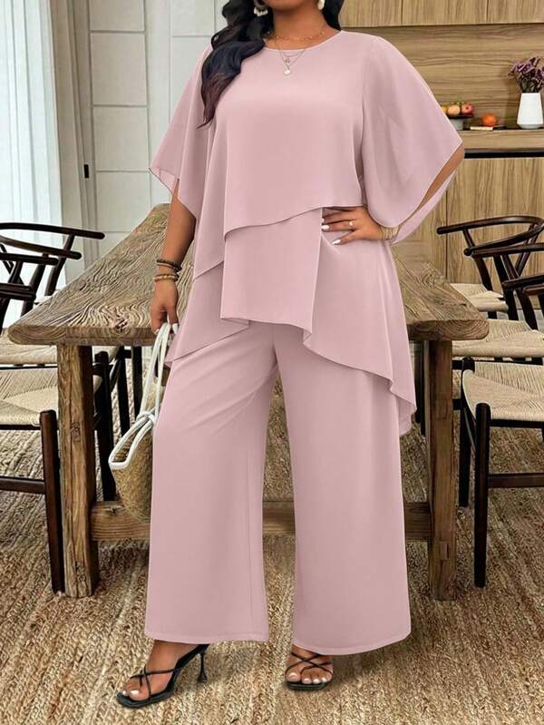 SHEIN LUNE Conjunto casual de duas peças em chiffon plus size com blusa assimétrica de mangas flare e cruzadas + calça pantalona de chiffon com camada dupla, perfeito para passeios, férias e para o trabalho. Ideal para o verão, moda feminina, roupas plus size e looks casuais para o trabalho.