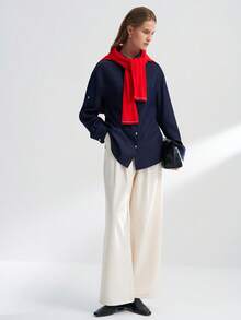 Airaco Women's Rolled Sleeve Single-Breasted Casual Loose Denim Effect Shirt - Navy Blue - View 3