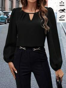 Editum Áo cánh tay đèn lồng cổ khoét lỗ màu trơn thanh lịch dành cho nữ - màu đen - Xem 2