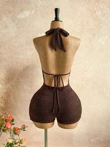 Soleia 女式休闲连体裤，露背蝴蝶结设计，适合返校、海滩、婚礼嘉宾、毕业典礼、早午餐、圣帕特里克节、春假、复活节、音乐节、优雅波西米亚风、热带风情、手工麻花针织，秋冬 - 咖啡棕 - 查看 2