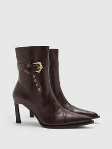CUCCOO BIZCHIC Pointed-Toe Stiletto Boots | Bronze Buckle Strap Detail | Smooth Leather-Look | Leg-Lengthening Mid-Calf | 2 Pairs, Premium Synthetic - Brown - View 7