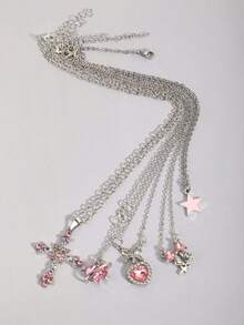 ROMWE Goth 5件套哥特复古风项链套装，包含十字架、太阳、月亮、飞蛾和骷髅吊坠，万圣节 - 粉色 - 查看 4