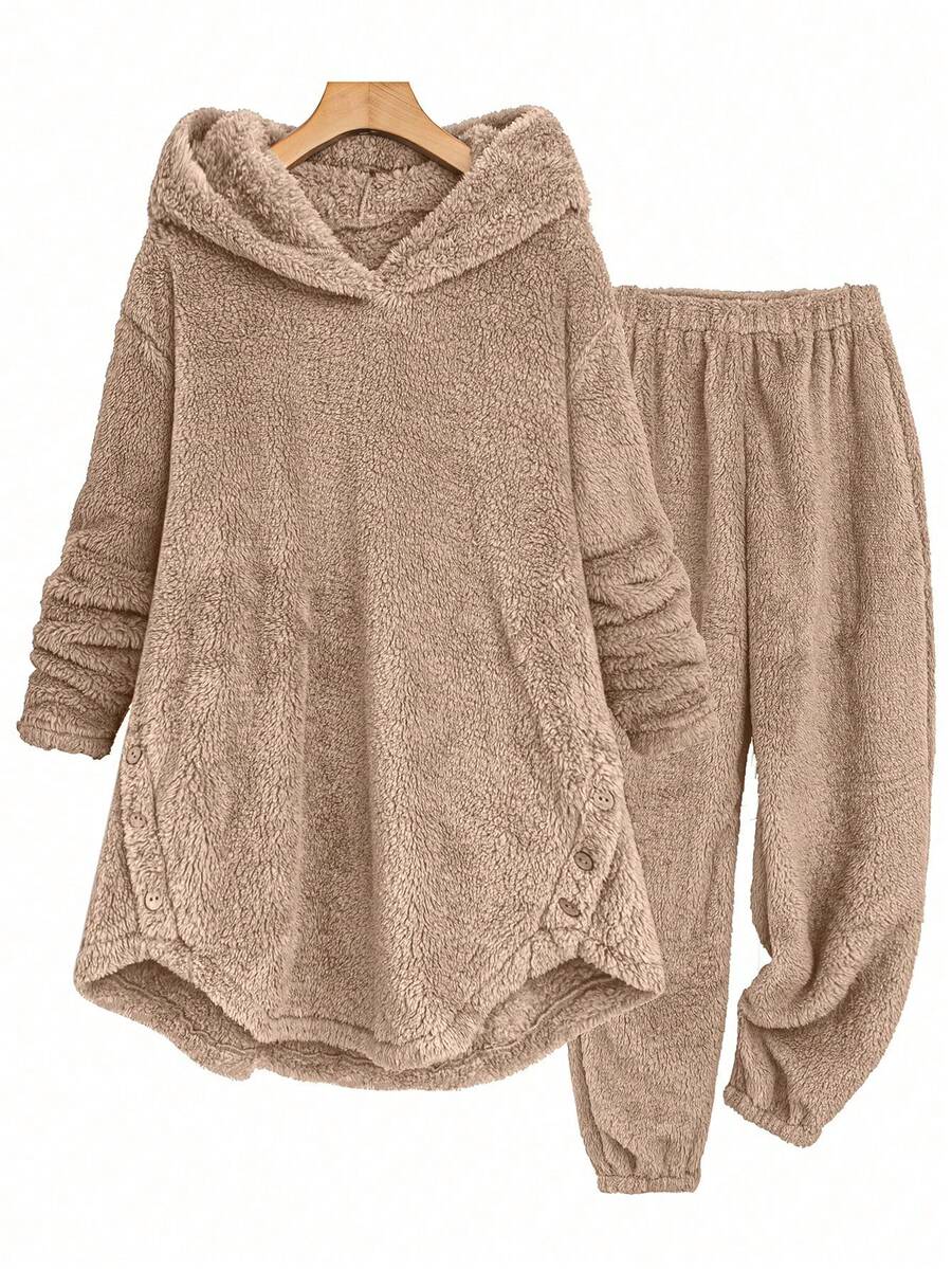 EMERY ROSE Women's Elegant Plush Long Sleeve 2 Pieces Loungewear Set, Autumn/Winter - Khaki - View 1