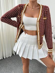 Elenzga 女式格子条纹长袖休闲针织开衫，秋冬 - 紅木色 - 查看 5