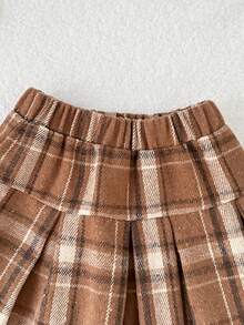 Playful Pals 1件装年轻女孩复古格子裙棕色休闲JK风格松紧腰百褶短裙适合春秋冬日常穿着 - 棕色 - 查看 5