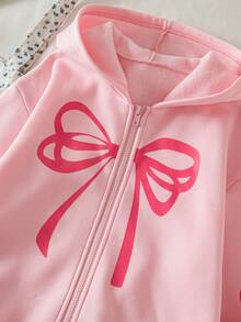 Tween Girl Casual Cute Knitted Thermal Lined Hooded Zip-Up Front Gathered Sleeve Bow Graphic Print Pullover Jacket, Versatile Outerwear