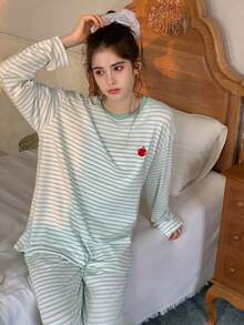 DAZY Ropa de estar en casa informal con cuello redondo y mangas largas a rayas para adolescentes - Verde - Ver 1
