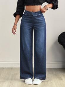 Flexra Women's V-Shaped Cross Design Elastic Waist Pocket Distressed Fashionable Jeans