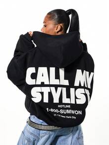 SUMWON WOMEN سترة هوديي مزودة بسحاب وسحاب للسحب ولجيب مركزي للارتداء اليومي في فصل الشتاء - الأسود - مشاهدة 4