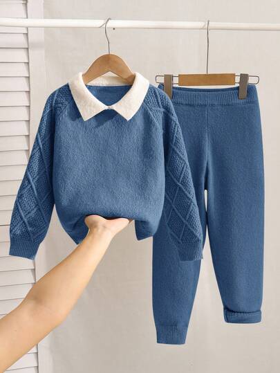 SHEIN 2 piezas Conjunto de suéter tipo polo suelto, cómodo y de moda simple y práctica para niños pequeños, adecuado para fiestas de cumpleaños, fiestas, espectáculos, ropa para niños, ropa escolar de vuelta a la escuela, ropa diaria, adecuado para viajes, adecuado para deportes, adecuado para otoño e invierno