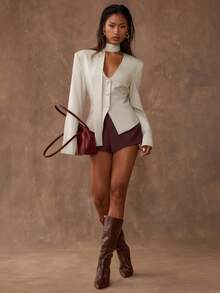 SHEIN BAE 女式纯色简约长袖西装外套，日常穿着 - 米色 - 查看 3