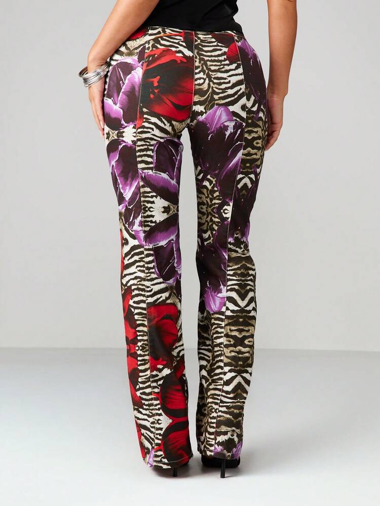 MISSGUIDED Mixed Animal Print Low Rise Lace Up Flare Jeans With Purple Rose Pattern Stretch Denim Bottom