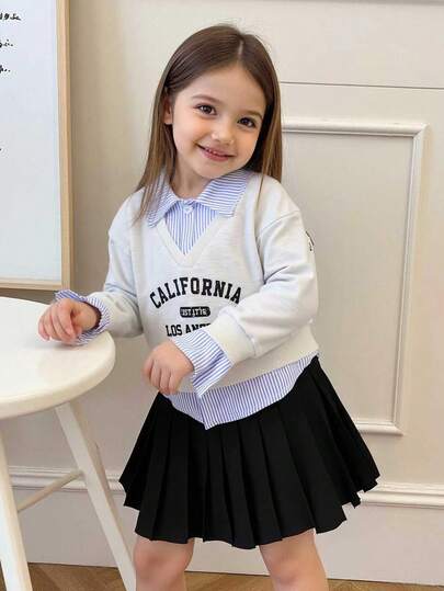 Elladie kids Young Girls Gray Knit Patchwork Blue & White Striped Long Sleeve Polo Shirt Sweatshirt And Black Pleated Skirt Set, Simple Elegant Casual Relaxed Toddler Girl School Uniform Toddler Girl Skirt School Girl Preppy Outfit K-Pop Kids Uniform Skirt K Pop Cute School Clothes Uniform