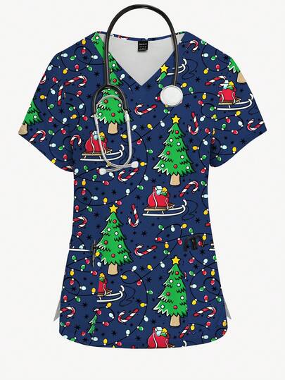PopScrub Women's Fashion V-Neck Short Sleeve Allover Print Christmas Tree & Fairy Lights Nurse Scrub Uniform Top