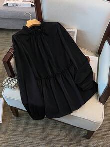 GlowEve CURVE 大码女式立领长袖纯色衬衫，适合日常通勤，秋冬季，百搭时尚，显瘦 - 黑色 - 查看 6