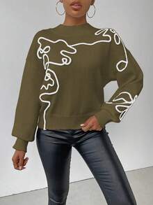 SHEIN LUNE Women's Contrast Color Pattern Turtleneck Long Sleeve Sweater - Dark Green - View 6