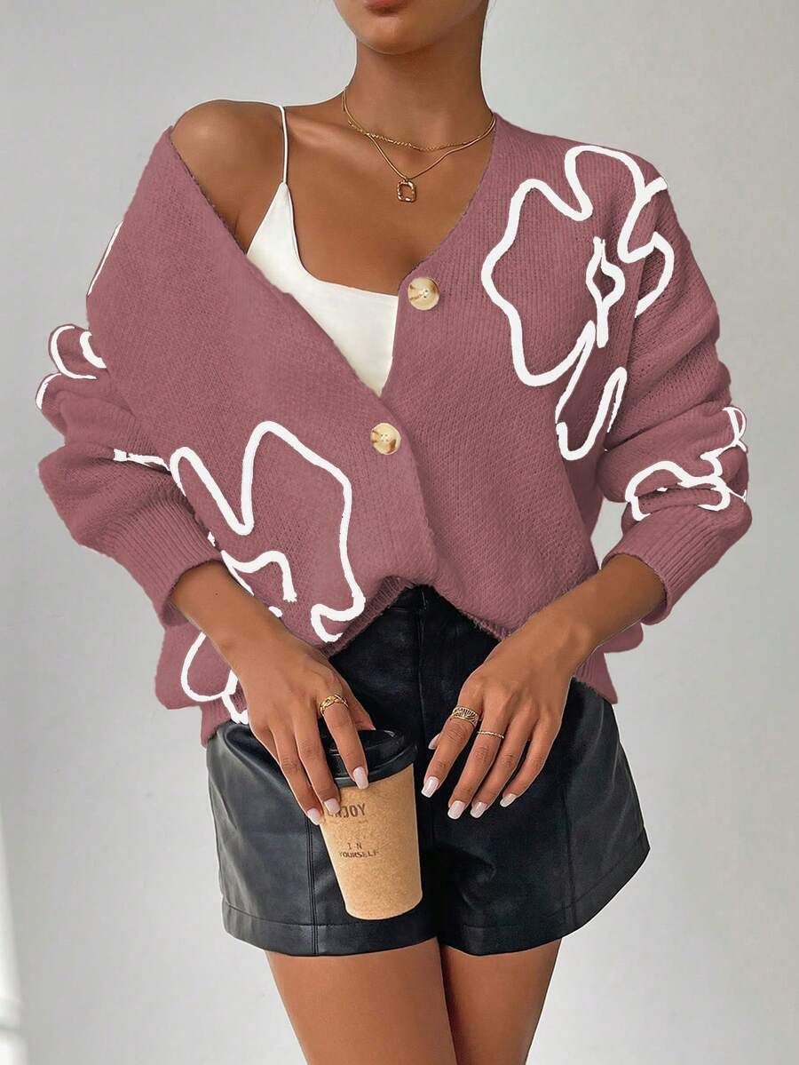 Chiquease Women's Contrast Color Print Knit Cardigan - Redwood - View 1