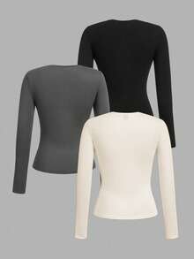 SHEIN EZwear 3 件套女士休闲紧身圆领长袖 T 恤套装，适合秋冬季 - 彩色 - 查看 2