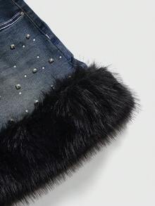 ROMWE Grunge Punk 大码女式铆钉牛仔迷你裙，毛茸茸饰边，性感时尚，秋冬 - 藍色 - 查看 3
