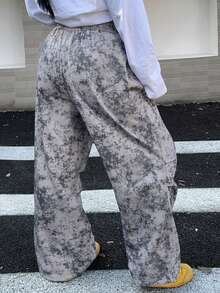 Dazy Plus Asymmetrische Batik-Elastikbund Kordelzug Loose Street Style Große Größen Frauen Plissee Lang Jogginghose - Grau - Übersicht 2