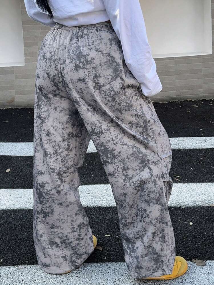 Dazy Plus Asymmetrical Tie-Dye Elastic Waist Drawstring Loose Street Style Plus Size Women Pleated Long Sweatpants