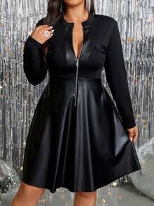 SHEIN PETITE CURVE 大码女装秋冬长袖拉链PU拼布休闲机车复古黑色连衣裙女式秋季服装 - 黑色 - 查看 1