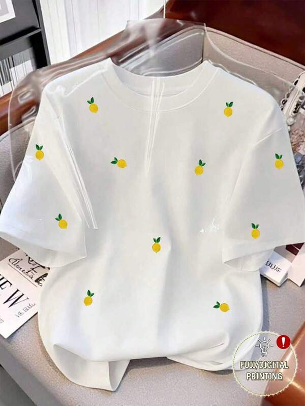 Franclia Women's Casual Lemon Print T-Shirt, Faux Embroidered Lemon Pattern Round Neck Digital Printing All-Over Graphic Tee