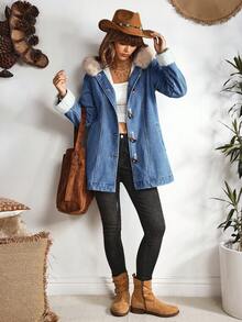 EMERY ROSE Women's Casual Denim Jacket With Fur Collar And Horn Buttons, Autumn/Winter - Blue - View 5