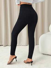 SHEIN PETITE High Waist Button Detail Black Skinny Pants - Black - View 2