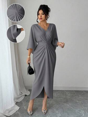 Elenzga Plus Size V-Neck Cinched Waist Bodycon Dress