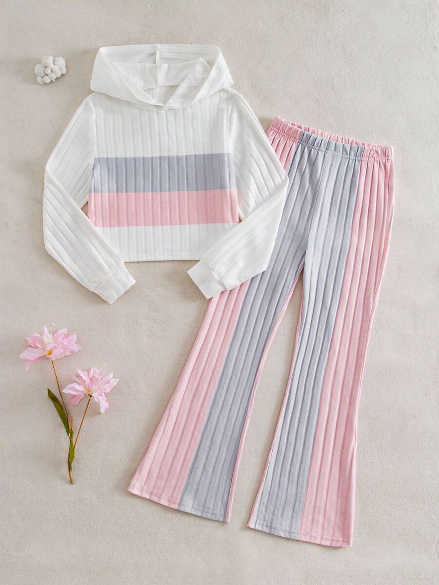 SHEIN Explorewe 青少年女孩撞色长袖连帽休闲条纹宽松罗纹两件套 - 粉色 - 查看 1