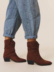 Styleloop 女士棕色尖头西部靴，高跟踝靴，绒面革宽松靴，经典复古风格，通勤必备，冬季防滑 - 駝色 - 查看 6