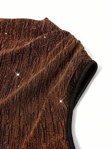 Ellevyn 女式无袖褶皱印花网眼针织连衣裙，夏季 - 卡其色 - 查看 3