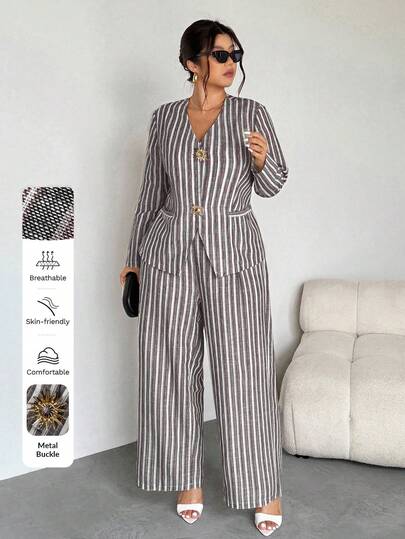Firerie Plus Size Women 2-Piece Striped Suit, Casual Commuting Vacation Outfit, Imitation Linen Striped Wide-Leg Pants Set, School/Back To School Clothes, Country Concert Outfit, Vintage Style, Teacher Outfits, Fall Fashion, Country Music Festival, Stockholm Style Plus Size Women Jumpsuit 2piece Set Plus Size Lounge Sets Plus Size 2 Piece Sets Curvy Plus Size Pants Suit