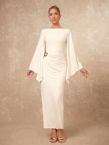 Lumalex Đầm ôm sát cơ thể không đối xứng tay áo rộng, cổ thuyền, trang trí kim loại nhún bèo dành cho nữ - Màu be - Xem 6