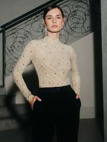 Anewsta Women's Autumn/Winter New Mesh Long Sleeve Pearl Rhinestone Sexy Base Layer Top, Elegant T-Shirt - Apricot - View 7