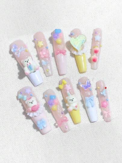 ROMWE Anime 10pcs Y2K Cute Heart, Star, Bow, Wing Nail Art Stickers With Tape